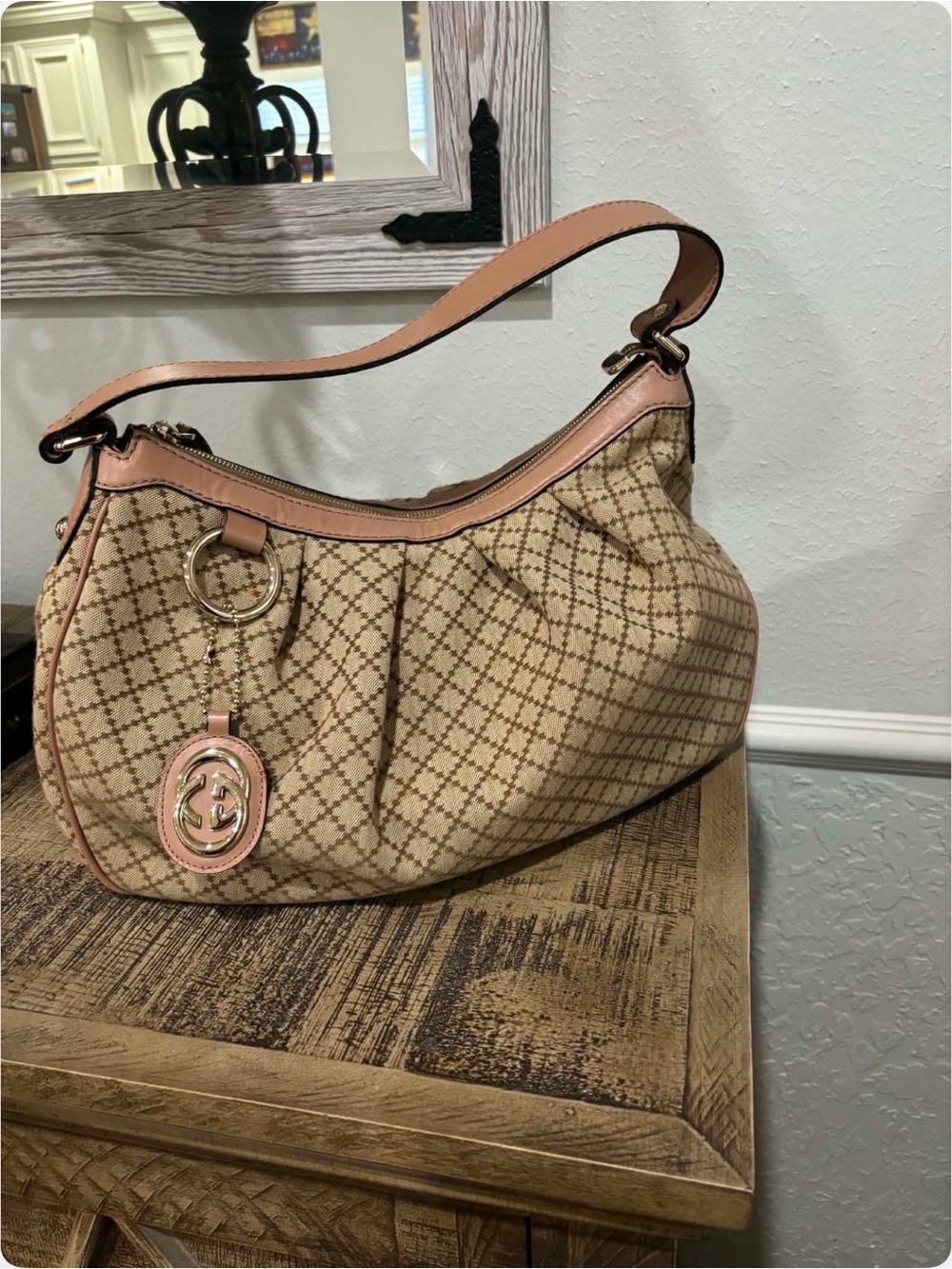 Gucci Beige Monogram Shoulder Bag with Pink Trim